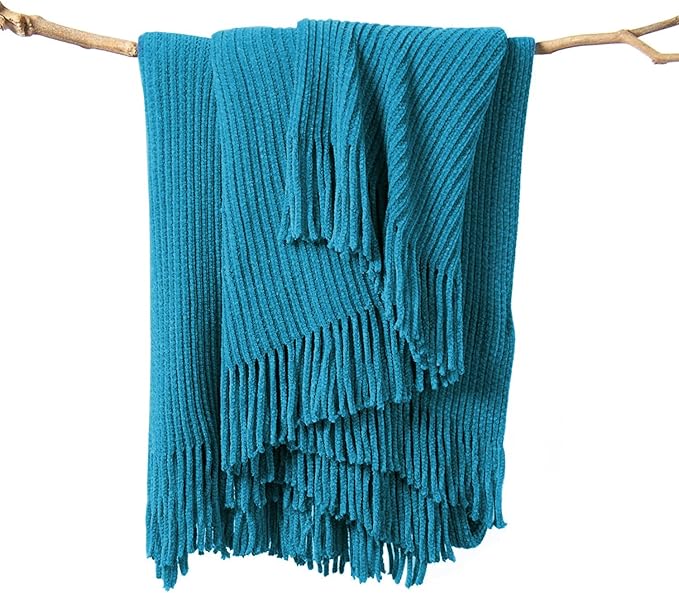lifein Chenille Throw Blanket 60x80 - Soft Boho Knitted Blanket for Couch Cozy Farmhouse Decor Bed Throw, Lightweight All Season Teal Blanket, Decorative for Living Room Bedroom Spring Decor