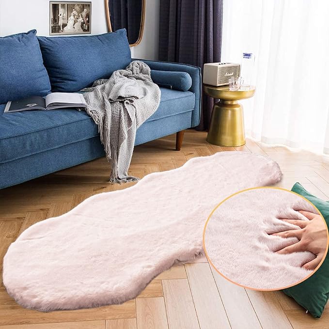 ORINOVA Pink Plush Washable Fluffy Fur Rugs for Living Room Shag Faux Rabbit Fuzzy Fur Area Rugs for Bedroom 2x6 Rug Oblong Nursery Rug