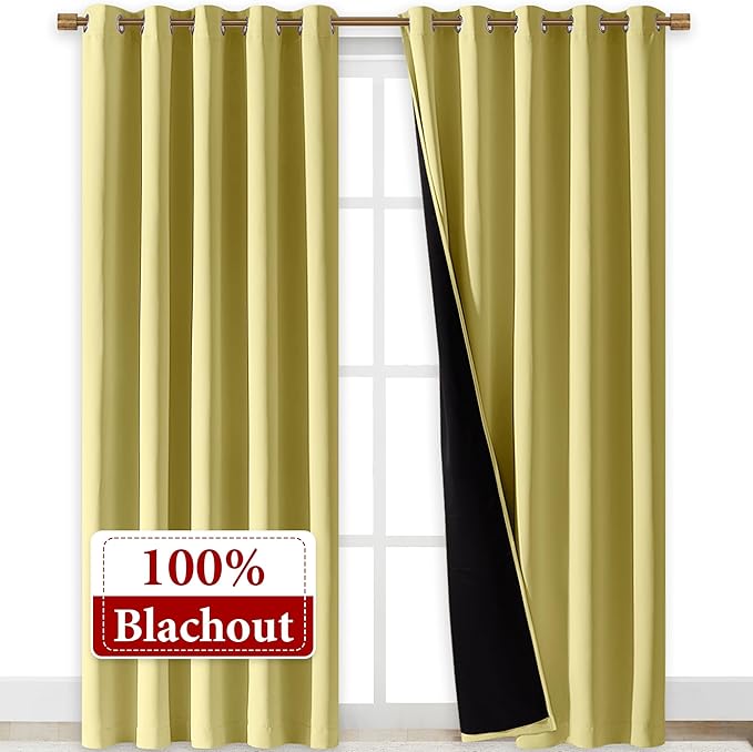 NICETOWN Total Shade Curtains and Draperies, Heavy-Duty Full Light Shading Drapes with Black Liner Backing for Villa/Hall/Dorm Window(Paler Yellow, Package of 2, 70 inches Wide x 95 inches Long)