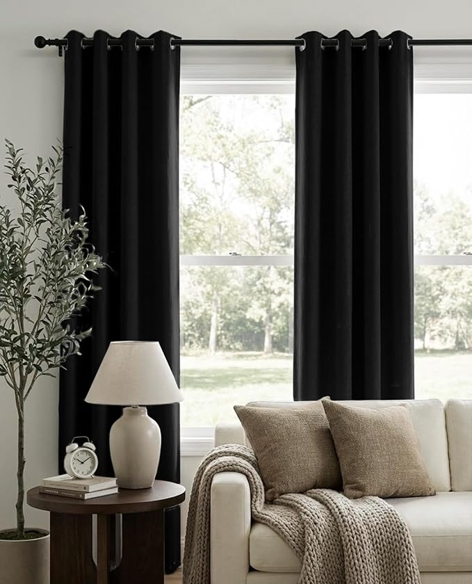 100% Blackout Shield Linen Blackout Curtains for Bedroom, Black Grommet Curtains for Living Room, Thermal Insulated Room Darkening Drapes for Nursery, Boho Home Decor, 50" W x 108" L, 2 Panels