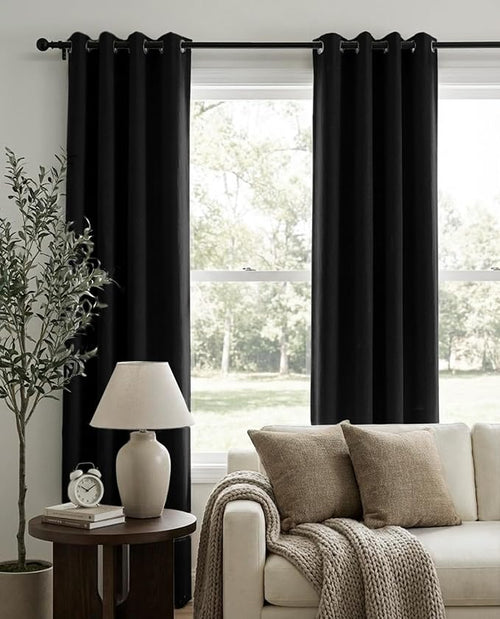100% Blackout Shield Linen Blackout Curtains for Bedroom, Black Grommet Curtains for Living Room, Thermal Insulated Room Darkening Drapes for Nursery, Boho Home Decor, 50" W x 63" L, 2 Panels