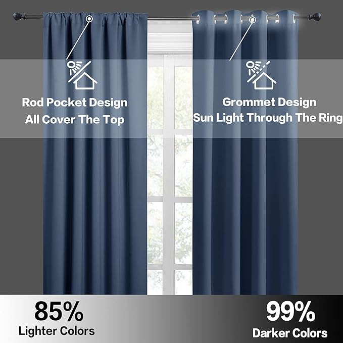 RYB HOME Short Blackout Curtains for Bedroom, Room Darkening Insulated Summer Heat Light UV Blocking Energy Saving Drapes for Nursery, Width 42 by Length 48, Stone Blue, Set of 2
