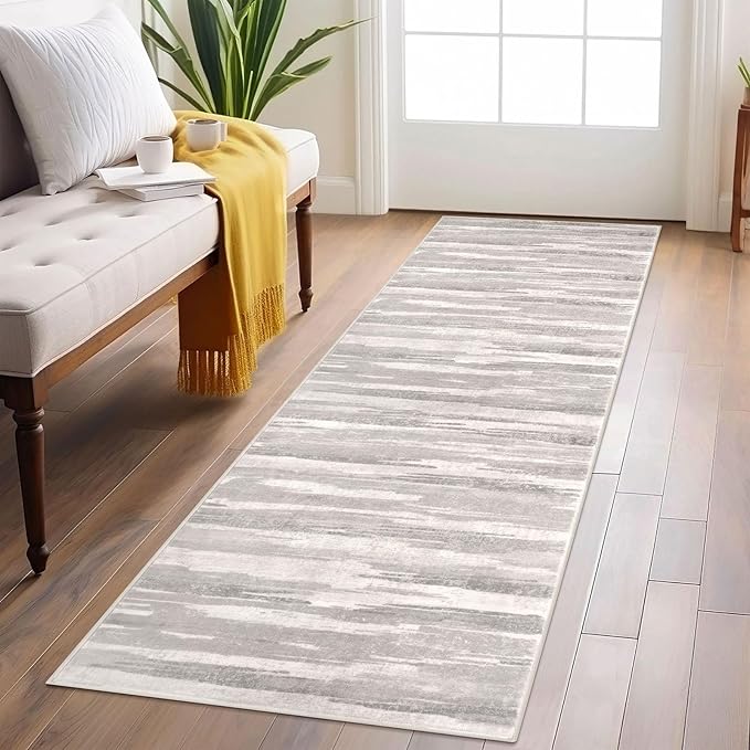 Lansny Modern Abstract Runner Rug 2x6, Neutral Light Beige and Grey Washable Kitchen Runner Non-Slip Soft Hallway Rug Runner Thin Print Faux Wool Carpet for Entryway Bedroom Laundry Room Indoor