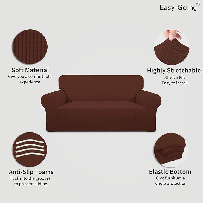 Easy-Going Stretch Oversized Loveseat Slipcover 1-Piece Sofa Cover Furniture Protector Couch Soft with Elastic Bottom for Kids Polyester Spandex Jacquard Fabric Small Checks Coffee
