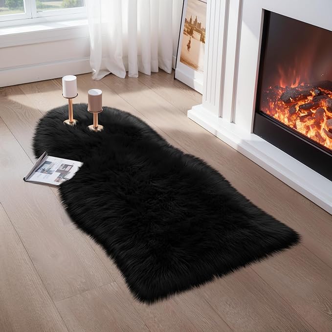 Ciicool Ultra Soft Faux Sheepskin Fur Rug Fluffy Chair Rug for Sofa Couch Seat Cushion.Shaggy Furry Small 2x4 Black Bedroom Fuzzy Carpet for Living Room Kid's Room Nursery Decor