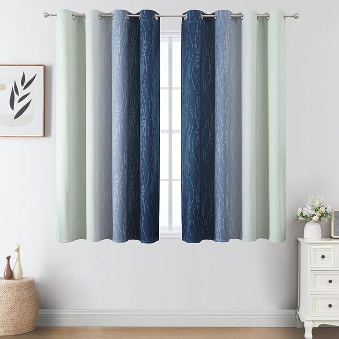 Estelar Textiler Sage Green and Navy Blue Ombre Blackout Curtains 45 Inch Length, Full Room Darkening Gradient Drapes for Kitchen, Thermal Insulated Grommet Curtains for Short Window, 52Wx45L,2 Panels