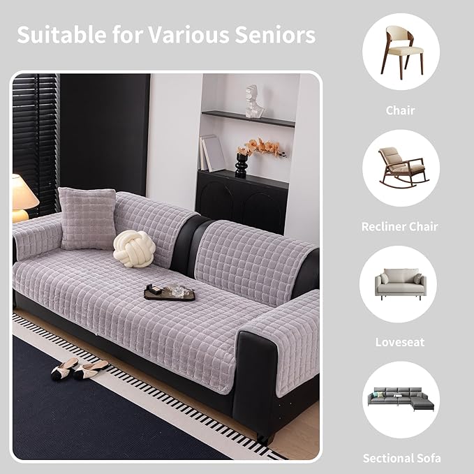 Velvet Couch Cover, Washable Sectional Sofa Cover, Anti Slip Sofa Slipcover for 3 Cushion Couch Sofa L Shaped Armrest Backrest, Furniture Protector Covers for Pets Kids(Light Grey, Only 1 PCS)