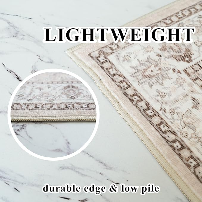 Living Room 4x6 Area Rugs: Vintage Farmhouse Washable Non-Slip Rug for Bedroom Dining Room Ultra Thin Soft Carpet for Nursery Kitchen Durable Low-Pile Neutral Floor Mat for Pet Owners(4x6 Beige)