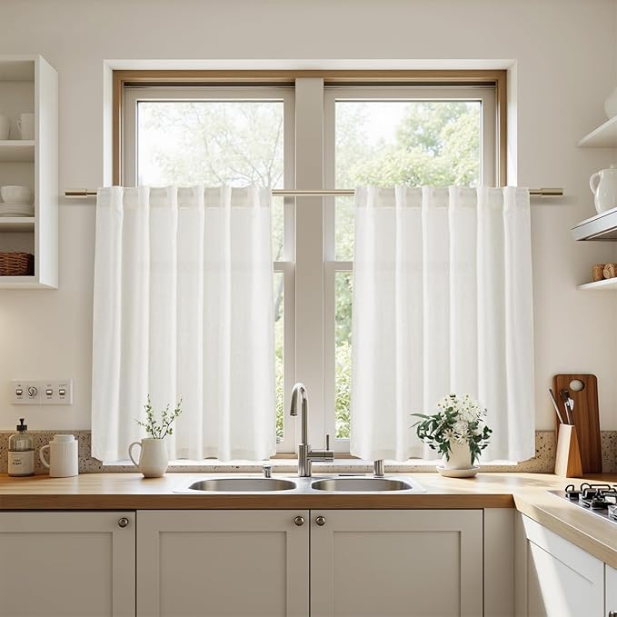 Beige White Linen Curtains for Kitchen Windows Over Sink Neutral 30 Inch Length Back Tab and Rod Pocket Light Filtering Semi Sheer Cafe Curtain for Bathroom RV Small Window 40 x 30 Inch,2 Panels