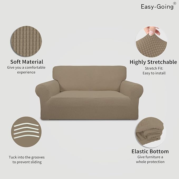 Easy-Going Stretch Loveseat Slipcover 1-Piece Sofa Cover Furniture Protector Couch Soft with Elastic Bottom for Kids Polyester Spandex Jacquard Fabric Small Checks (Loveseat, Natural)