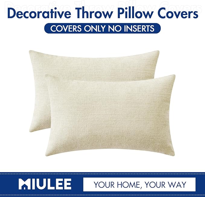 MIULEE Pack of 2 Cream Throw Pillow Covers 12x20 Inch Soft Chenille Lumbar Pillow Covers for Sofa Living Room Spring Home Decor Couch Solid Dyed Cases