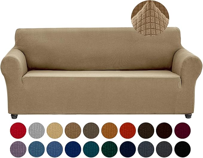 Joccun Stretch Couch Cover Slipcovers, 1-Piece Sofa Covers for 3 Cushion Couch Spandex Jacquard Washable Furniture Protector Cover for Living Room,Kids,Pets(Sofa,Tan)