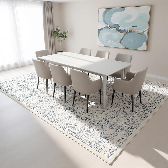 Washable Rugs 8x10 Area Rugs for Living Room- Large Vintage Rugs for Bedroom,Dining Room,Ultra Soft Low Pile Foldable Carpet with Non Slip Rubber Backing,Neutral Accent Rug(White-Blue)