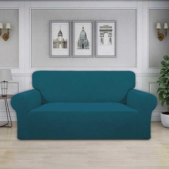 Easy-Going Stretch Oversized Loveseat Slipcover 1-Piece Sofa Cover Furniture Protector Couch Soft with Elastic Bottom for Kids Polyester Spandex Jacquard Fabric Small Checks Peacock Blue