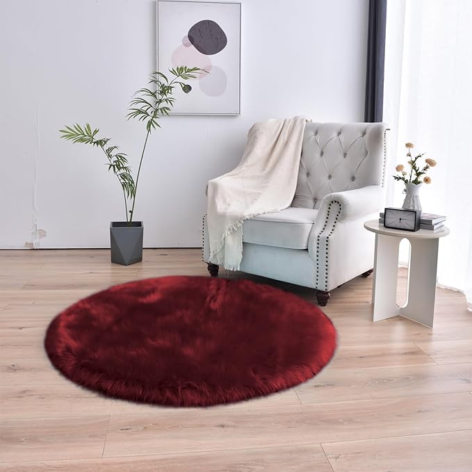 duduta Burgundy Faux Fur Round Rug 4x4 ft, Fluffy Shag Sheepskin Circle Rug for Nursery Bedroom Living Room Washable