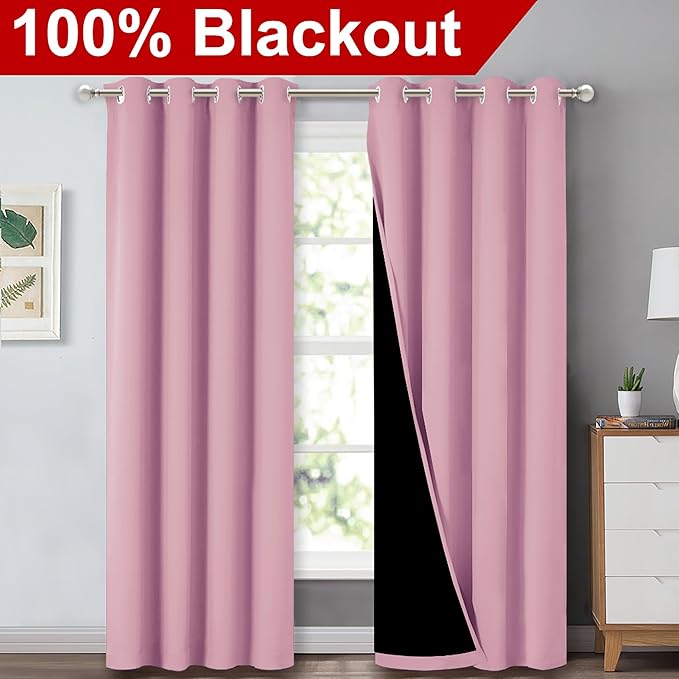 NICETOWN Full Shading Curtains 90" Long 2 Panels Set for Windows, Super Heavy-Duty Black Lined Blackout Curtains for Bedroom, Privacy Assured Window Treatment (Crystal Pink, Pack of 2, 52" W)