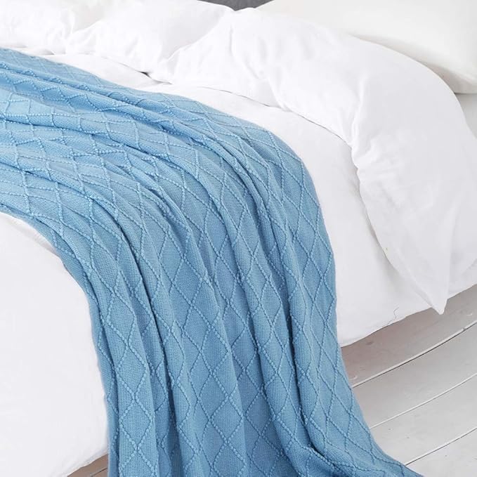 BOURINA Blue Throw Blanket 60x80 Inches Throw Textured Solid Soft Sofa Throw Couch Knitted Decorative Blanket
