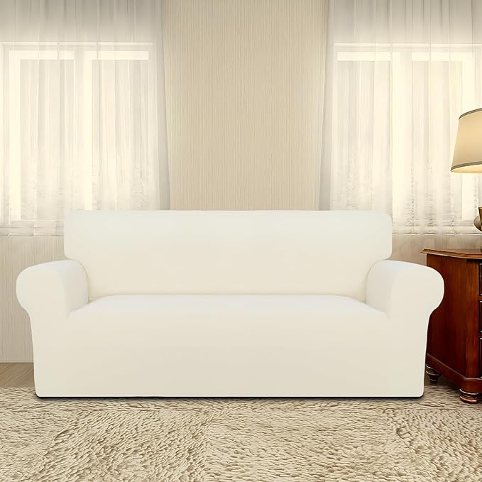 PureFit Super Stretch Sofa Slipcover – Spandex Non Slip Soft Couch Sofa Cover, Washable Furniture Protector with Non Skid Foam and Elastic Bottom for Kids, Pets (Oversized Loveseat, Ivory)