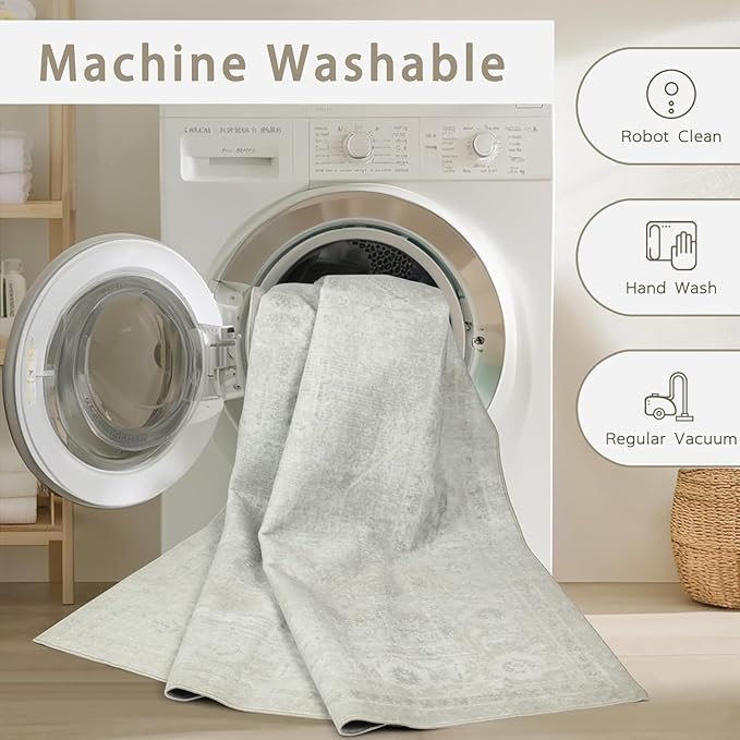Washable Rugs 6x9 Area Rugs for Living Room,Bedroom,Large Carpets,Ultra Soft Faux Wool Retro Dining Room Rug,Non Slip&Non-Shedding Low Pile Vintage Rugs for Home Office,Concrete Grey