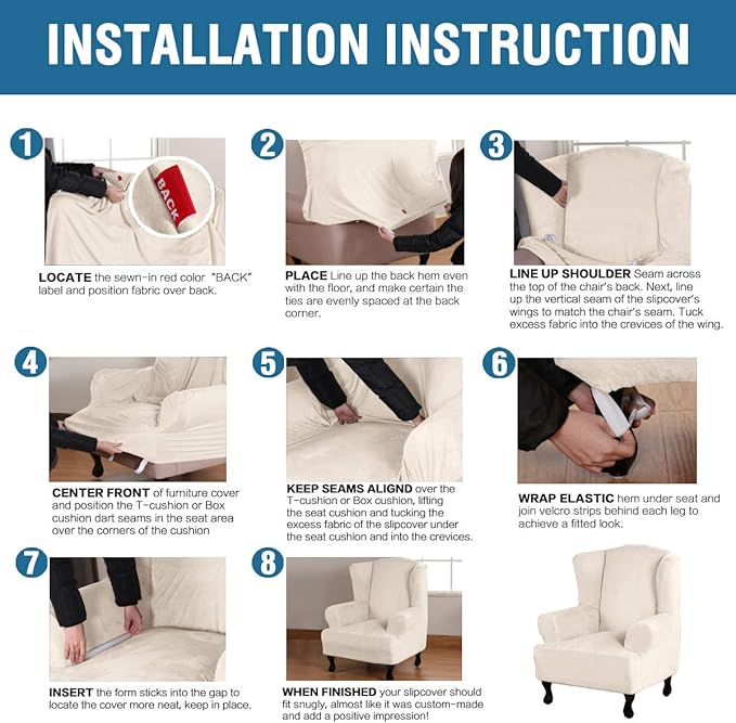 H.VERSAILTEX Wingback Chair Covers Velvet Plush Wing Chair Slipcover 1 Piece High Stretch Wing Back Chair Slipcovers Sofa Cover Furniture Cover with Elastic Bottom, Ivory