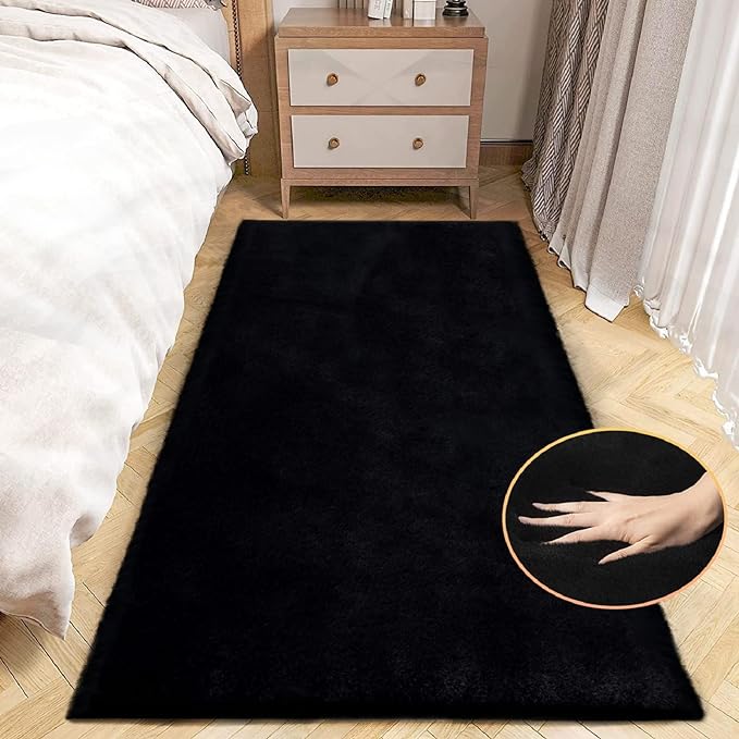 ORINOVA Black Fluffy Rug for Bedroom Shag Rug Washable Carpet Faux Rabbit Fur Rugs for Living Room Hallway Teen Room Décor Nursery Rugs Runner 2x6