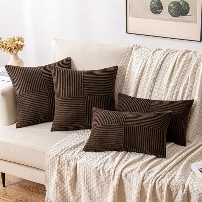 MIULEE Dark Brown Decorative Throw Pillow Covers 18x18 Inch for Couch Bed Sofa Pack of 2 Boho Farmhouse Throw Pillows Soft Cross Corduroy Patchwork Textured Cushion Cases
