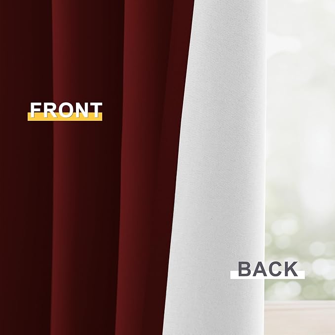 Yakamok 100% Blackout Curtain Panels 63 inches Cold and Light Blocking Drapes for Nursery, 2 Thick Layers Thermal Insulated Draperies (2 Pieces, 50 Wide Each Panel, Burgundy Red/White Backing)