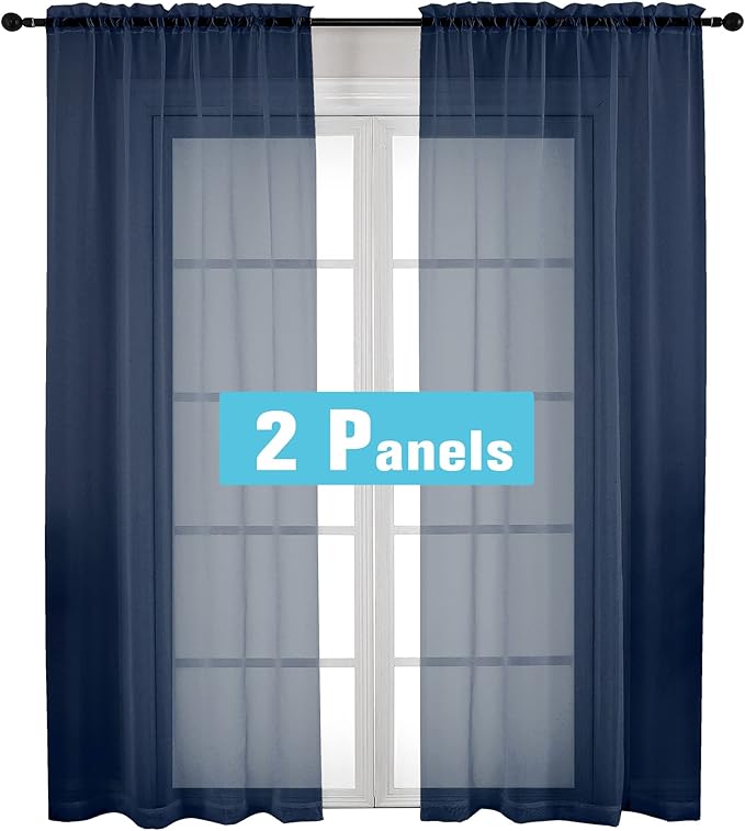 OVZME Navy Blue Sheer Curtains 2 Panel Sets 84" Inch Length - Transparent Light Weight Window Treatment Panels for Study Room/Living Room/Bedroom, Navy Blue, Per Panel W42 X L84 inches, 1 Pair