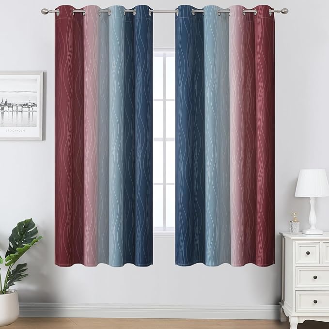 Estelar Textiler Navy Blue and Burgundy Red Blackout Ombre Curtains for Bedroom 63 Inches Long, Gradient Light Blocking Thermal Insulated Grommet Drapes for Living Room,52Wx63L,2 Panels