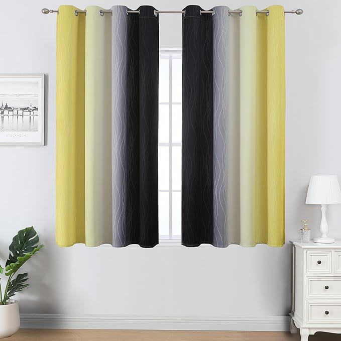 Estelar Textiler Black and Yellow Blackout Curtains 54 Inches Long, Full Light Blocking Gradient Grommet Drapes for Kitchen, Thermal Insulated Ombre Curtains for Bedroom, 52Wx54L, 2 Panels