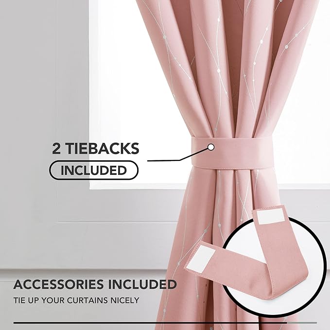 Deconovo Pink Blackout Curtains for Bedroom, Thermal Insulated Soundproof Pravicy Curtain, Silver Wave Dots Print, 42 x 63 Inch Long, Machine Washable Window Panels for Kids Room Nursery, Set of 2