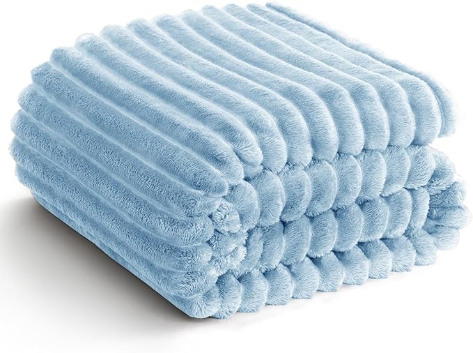HIMEET Light Blue Ribbed Throw Blanket for Couch - 300GSM Lightweight Soft Fleece Blanket for Women Men, Cozy Blankets for Mothers Gifts, Striped Spring Home Room Decor, Light Blue, 50x60 Inches