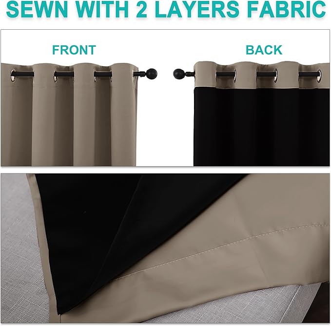 NICETOWN 100% Blackout Short Curtains with Black Liners, 2 Panels, 37" W by 40" L, Taupe, Solid Thermal Insulated Full Blackout 2-Layer Lined Drapes, Energy Efficiency Window Draperies for Bedroom