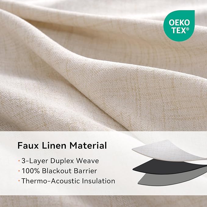 100% Blackout Shield Linen Blackout Curtains for Bedroom, Oatmeal Grommet Curtains for Living Room, Thermal Insulated Room Darkening Drapes for Nursery, Boho Home Decor, 50" W x 63" L, 2 Panels