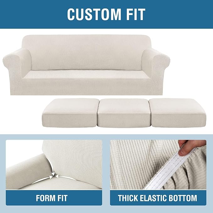 H.VERSAILTEX 4 Piece Stretch Sofa Covers for 3 Cushion Couch Covers for Living Room Furniture Slipcovers (Base Cover Plus 3 Seat Cushion Covers) Thicker Jacquard Fabric (Large Sofa, Ivory)