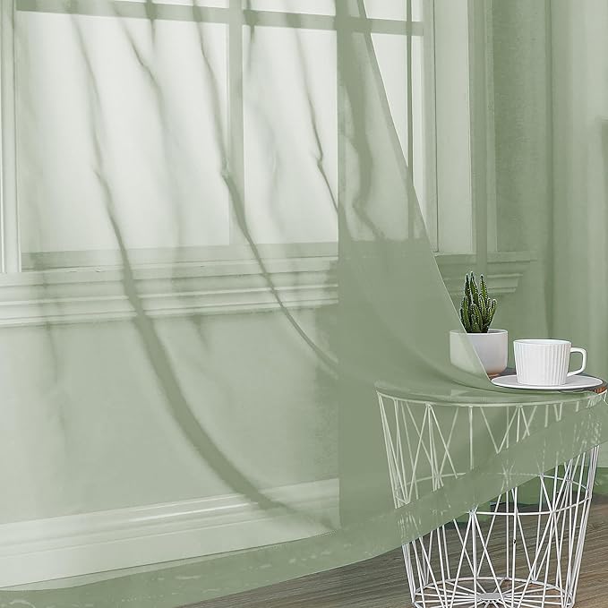 OVZME Light Green Sheer Curtains 63 inch Length 2 Panels Set for Bedroom Living Room, Elegant Light Filtering Sheer Drapes Window Treatments, Each is 42W x 63L Inches, Sage Green