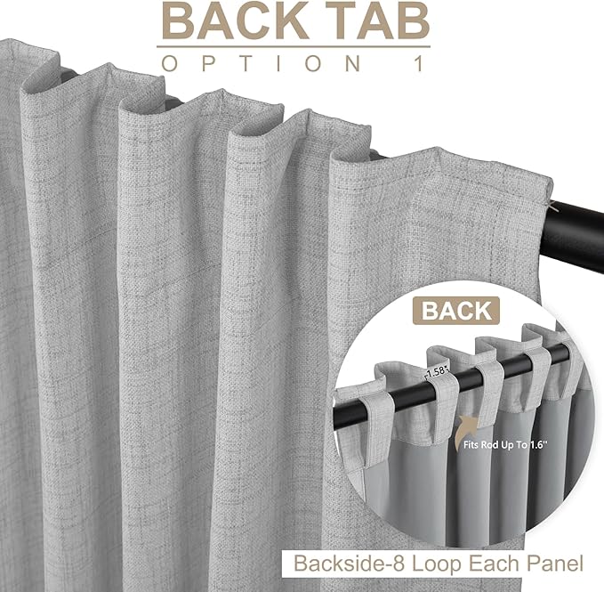 100% Blackout Shield Linen Blackout Curtains for Bedroom 108 Inches Long, Back Tab/Rod Pocket Living Room Drapes, Thermal Insulated Blackout Curtains 2 Panels Set, 50" W x 108" L, Grey