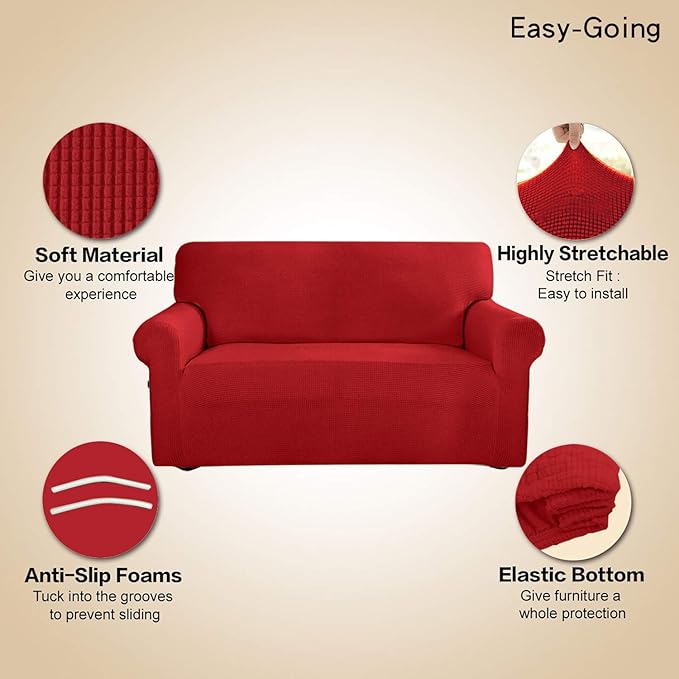 Easy-Going Stretch 4 Seater Sofa Slipcover 1-Piece Sofa Cover Furniture Protector Couch Soft with Elastic Bottom for Kids, Polyester Spandex Jacquard Fabric Small Checks Christmas Red