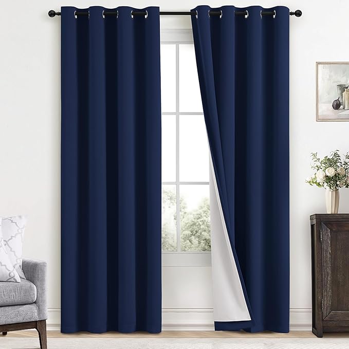 Yakamok Navy Blue 100% Blackout Curtains 96 Inches Long Thermal Insulated Window Curtain for Bedroom Living Room Darkening Set of 2 Panels Grommet Top Drapes with 2 Thick Layers 52x96 Inches Dark Blue