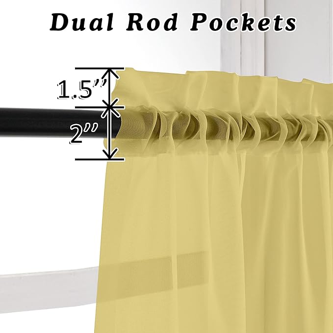 OVZME Mustard Yellow Sheer Curtains 96 Inches Long 2 Panels, Solid Lightweight & Airy Gauzy Window Treatments with Light Filtering for Bedroom, Dual Rod Pocket, Each 42W x 96L