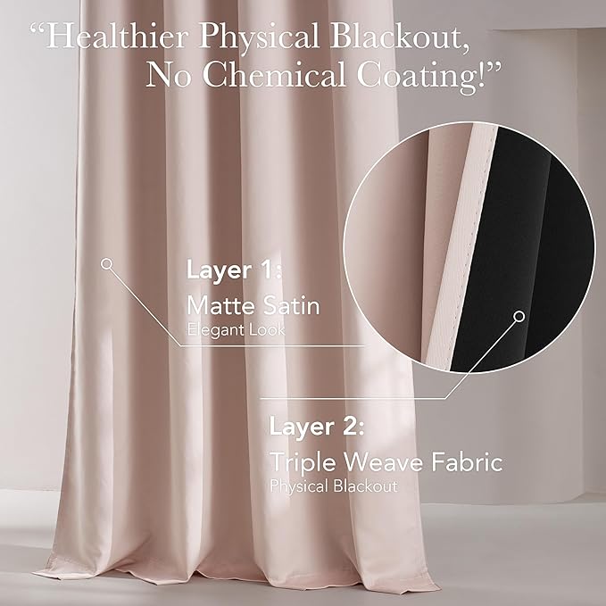 NICETOWN 100% Blackout Window Curtain Panels 84" Long, Pink, 2 Pieces, 52 inches Wide per Panel, Heat & Cold Blocking Faux Silk Drapes with Black Liner for Nursery, Thermal Insulated Draperies