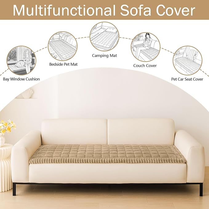 hyha Couch Covers for Dogs Washable, Non Slip Plush Dog Sofa Protectors, Fuzzy Pet Couch Covers for 3 Cushion Sofa Pet Friendly (Khaki, 27.6" x 47")