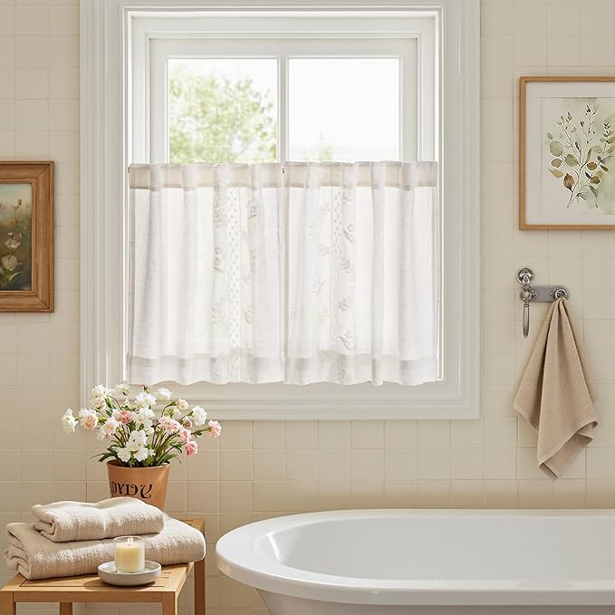 jinchan Belrose Linen Floral Kitchen Curtains 36 inch Length Embroidered Farmhouse Cafe Curtains for Living Room Bathroom Small Windows Curtain Set Sheer Light Filtering 2 Panels White