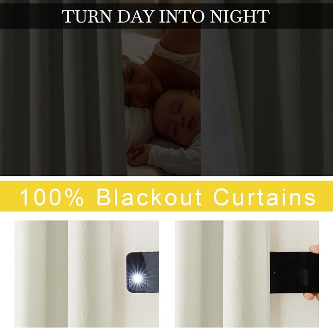 NICETOWN Faux Linen 100% Blackout 90 inch Curtains, Silver Grommet Thermal Insulated 2 Layers Window Treatments Sound Dampening for Living Room/Bedroom, Natural, W52 x L90, 2 Panels