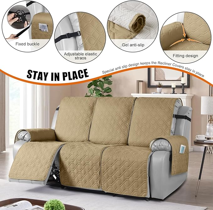 VANSOFY Waterproof Recliner Couch Covers, Sofa Covers 1-Piece Washable Reclining Sofa Cover Non-Slip Furniture Protector with Elastic Straps Pocket for Dogs, Pets(Sand,3 Seater)