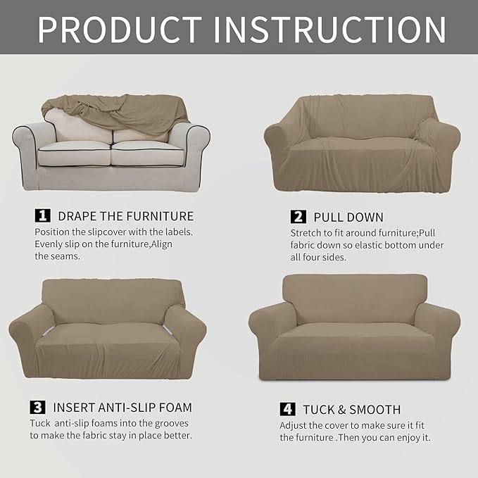 Easy-Going Stretch Loveseat Slipcover 1-Piece Sofa Cover Furniture Protector Couch Soft with Elastic Bottom for Kids Polyester Spandex Jacquard Fabric Small Checks (Loveseat, Natural)