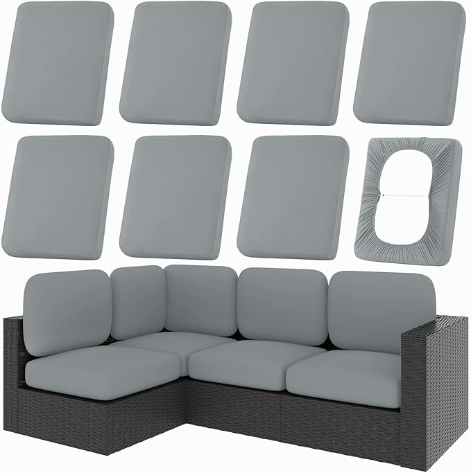 hyha 8Pcs Patio Cushion Covers, Stretch Outdoor Couch Cushion Covers Replacement, Washable Outdoor Chair/Sofa Slipcovers for Patio Furniture Cushions Protector with Elastic Bottom(Gray,Cover Only)
