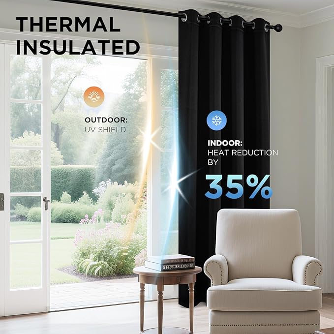 Joydeco Blackout Curtains 90 Inches Long, Black Curtains 2 Panels Set Thermal Insulated Drapes, Room Darkening Grommet Drapes for Living Room Bedroom Window (W52 x L90 Inch, Black)