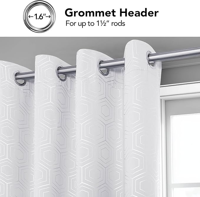 Deconovo White Curtains, Room Darkening Living Room Curtain, Thermal Insulated Soundproof Drapes, Hexagon Silver Print Pattern, 52 x 72 Inch, Grommet Panel for Bedroom Kitchen Office Nursery, Set of 2