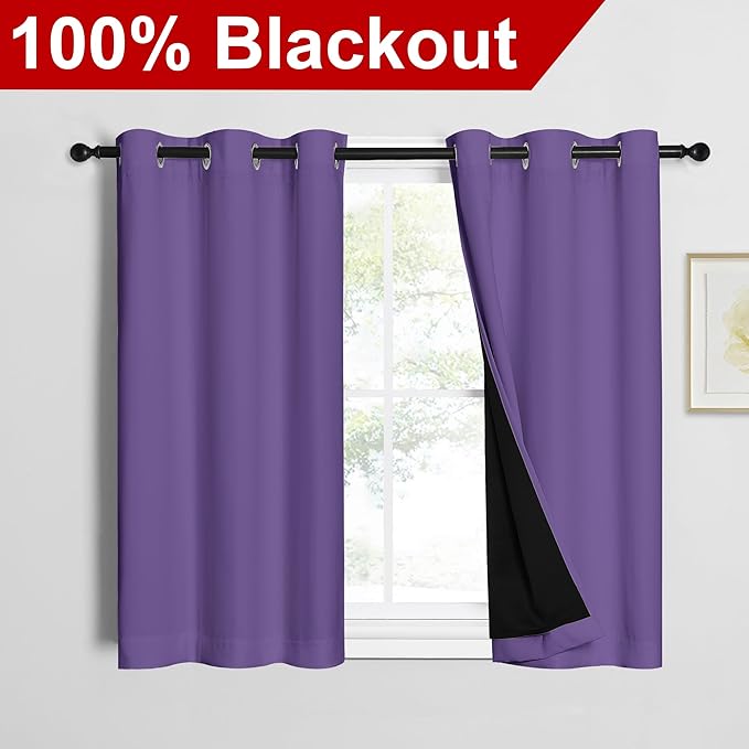 NICETOWN 100% Blackout Short Curtains with Black Liners, 2 Panels, 37"W by 40"L, Lilac Purple, Solid Thermal Insulated Full Blackout 2-Layer Lined Drapes, Energy Efficiency Window Drapes for Bedroom